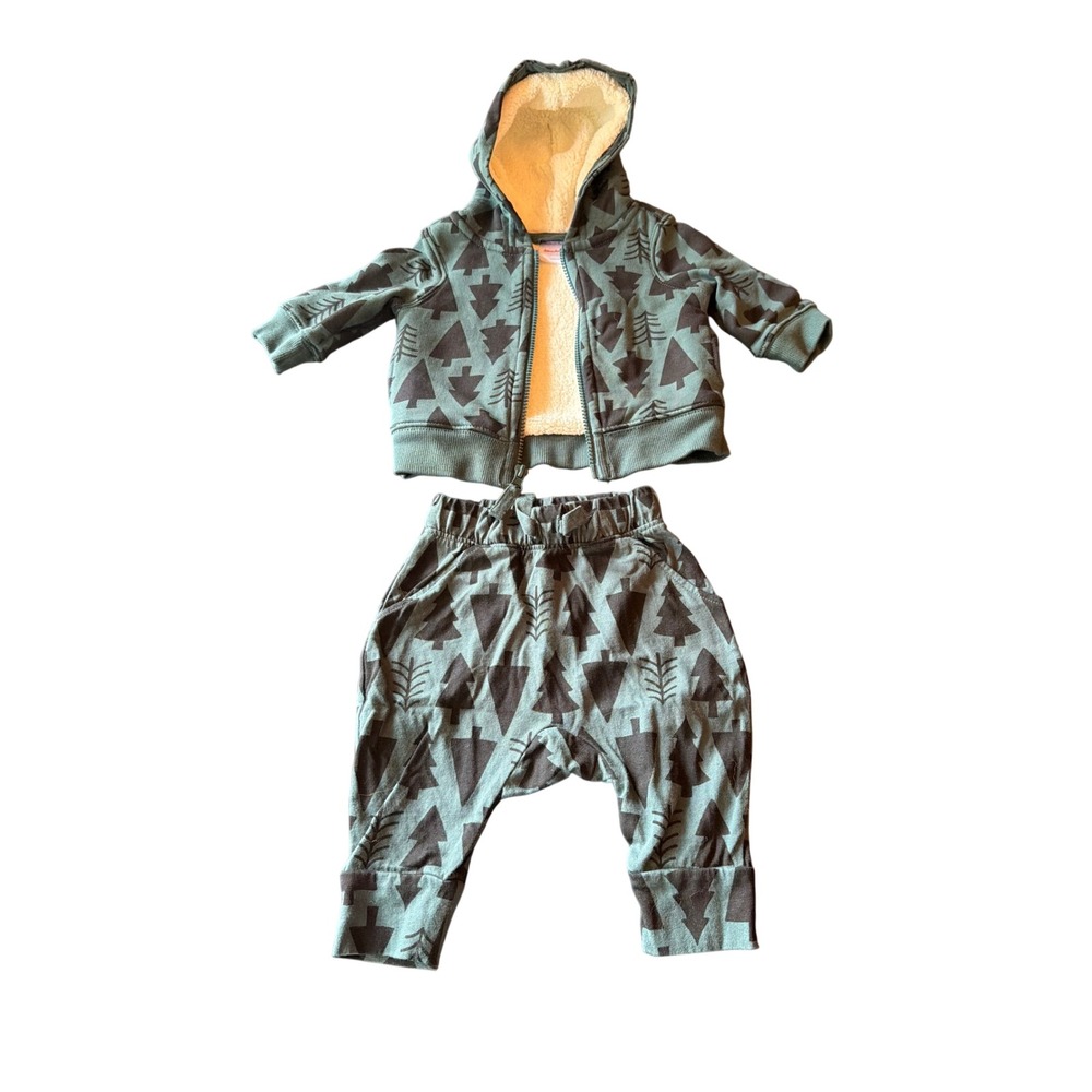 Hanna Andersson Hoodie Set Teal Green Tree Print Sherpa Lined 2pc 3-6 Months